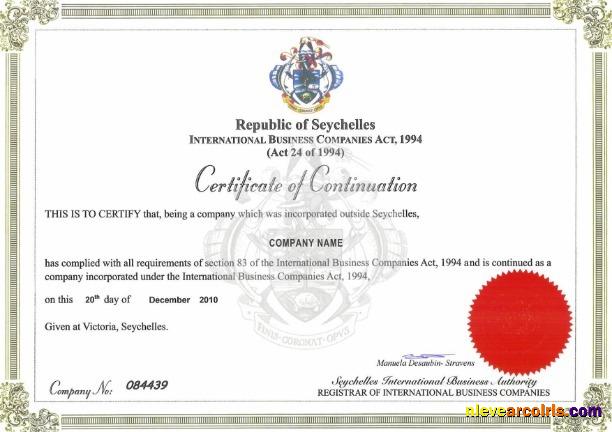 Seychelles Certificate of Continuation
